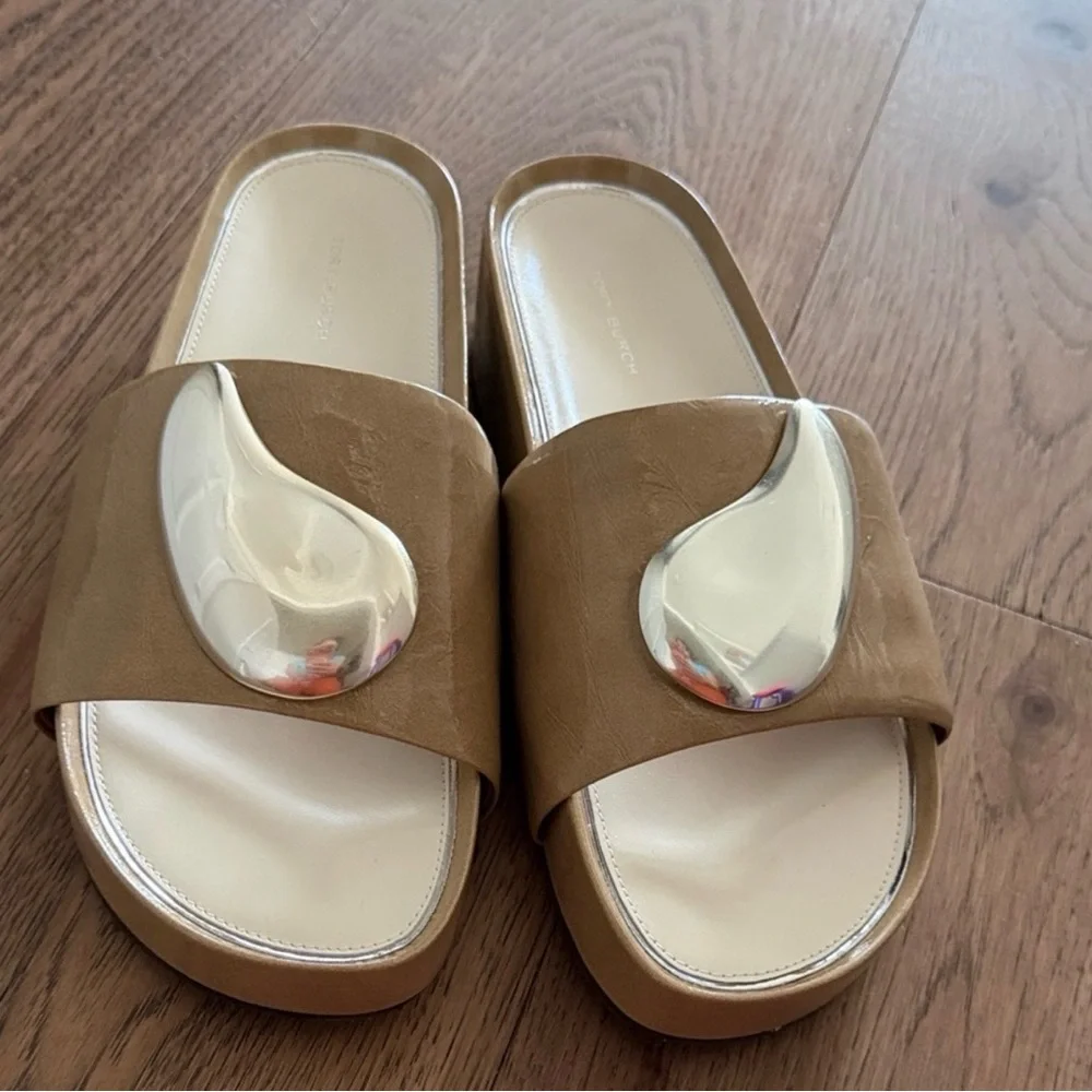 Tory Burch Patos Tan Slide Sandals with Silver Accent - 8.5